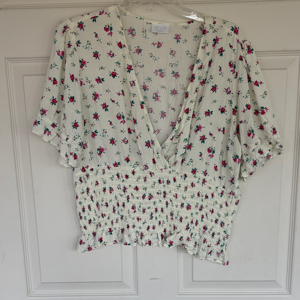 Abound Cream Floral Smocked V-Neck Crop Top with Pink Flowers